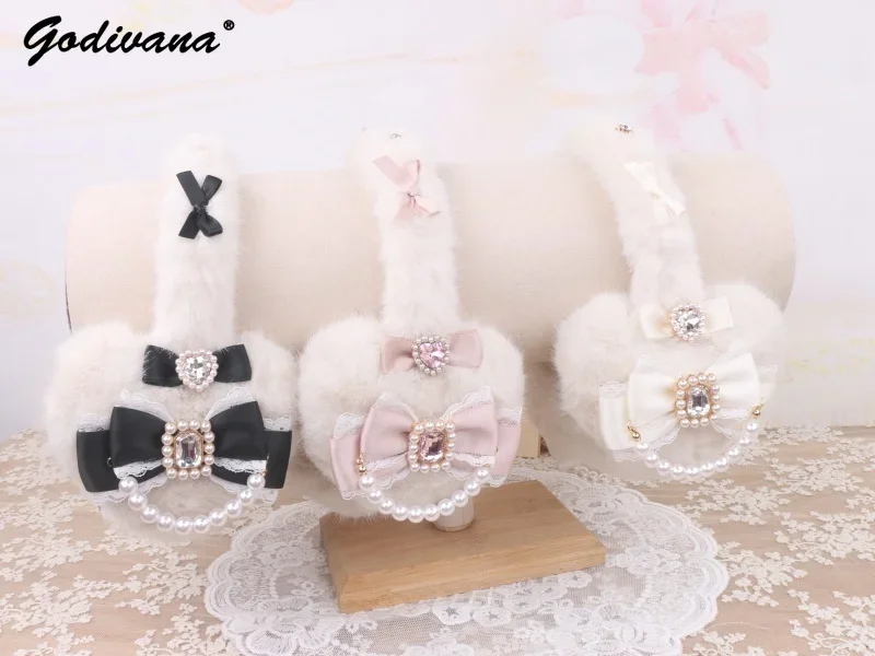 Handmade Sweet Cute Girls Earmuffs New Winter Japanese Mines Series Hairy Love Bow Rhinestone Warm Kawaii Earmuffs for Women