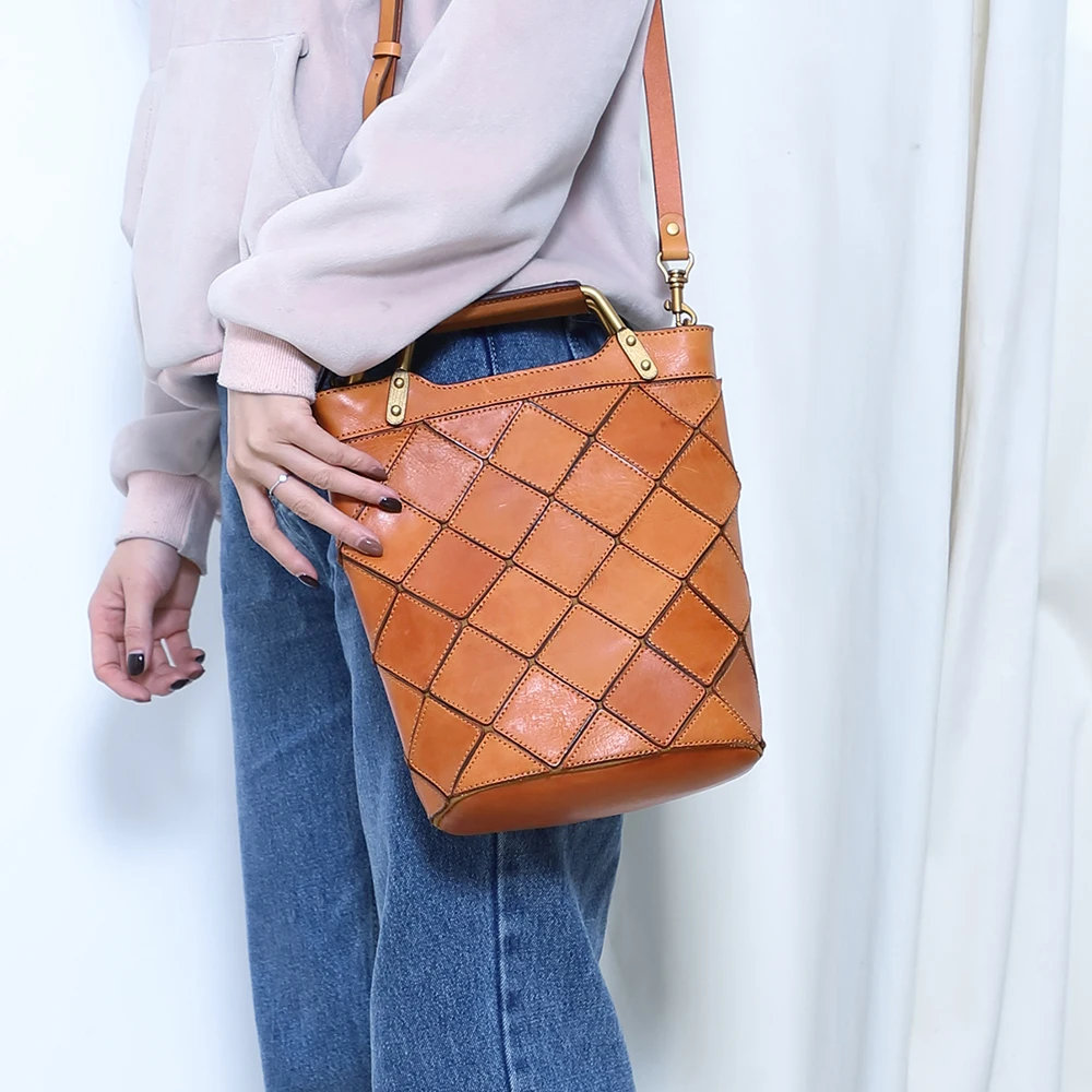 Genuine leather women's bag retro splicing crossbody bag vegetable tanned leather handbag women's shoulder bag cowhide bag