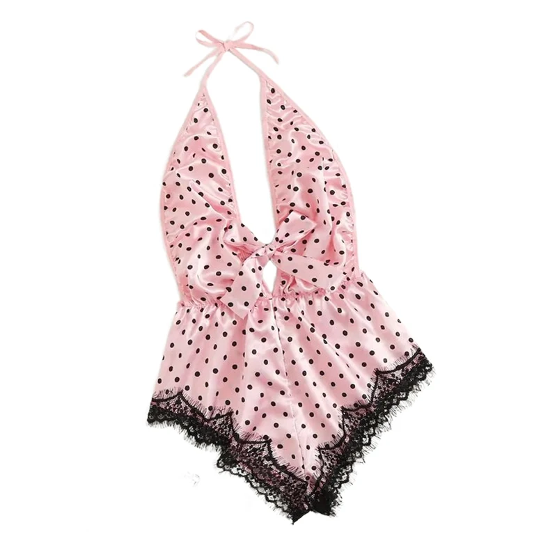

Halterneck Deep V Bow Sexy Bodysuit Lingerie Pajamas Eyelash Lace Bowknot Backless Exotic Nightgown Elastic Waistline Babydolls