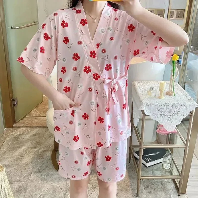 270209new Zomer Japanse Pyjama Dames Schattige Korte Broek Kimono Bandjes Huiskleding Tweedelige Set Met Korte Mouwen