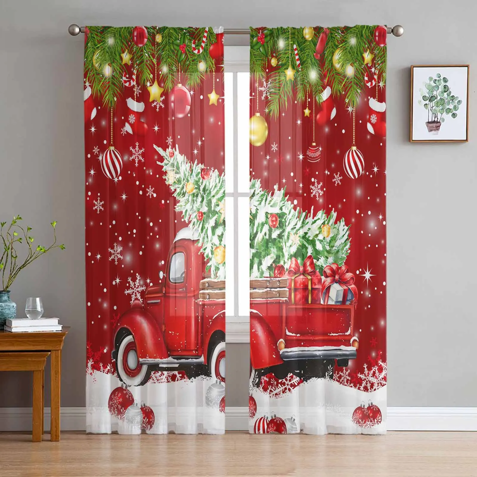 Gift Christmas Tree Red Truck  The Sea Sheer Curtains for Living Room Bedroom Home Hotel Coffee Decor Chiffon Tulle Curtains