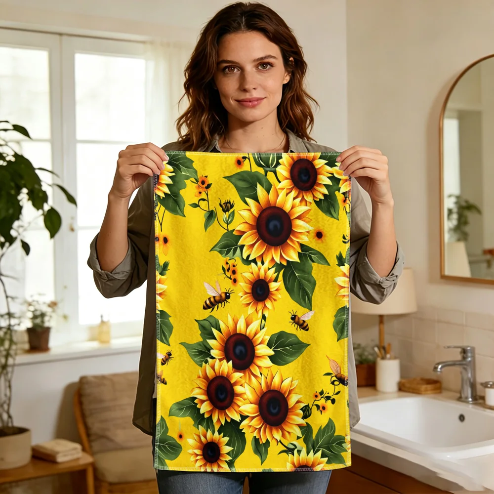 1pc/2pcs Sunflower and Bee Print Kitchen Towel-Super absorbent, reusable polyester dishcloths perfect for home decor, cooking, b