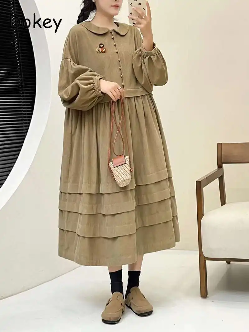 Elegant Corduroy Long Sleeve Midi Dress Women Japanese Mori Girl Doll Collar Loose Kawaii Dress Female Autumn Vintage Vestidos