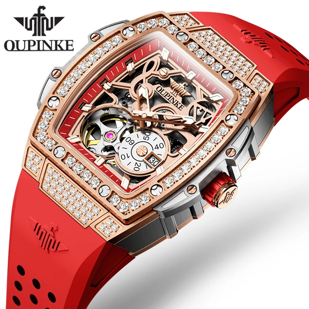 OUPINKE 3220 Luxury Skeleton Tonneau Dial Womens Watches Automatic Mechanical Wrist Watch For Women Silicone Strap Waterproof