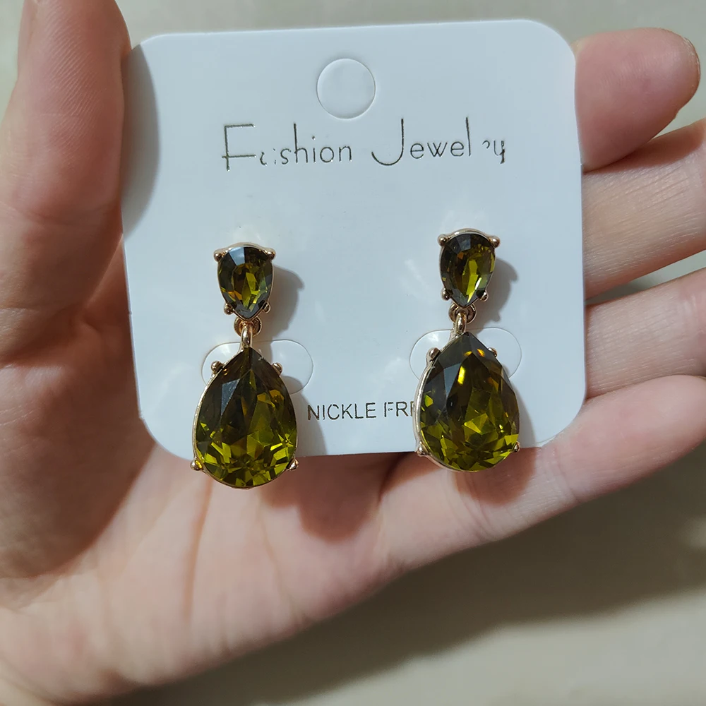 New Fashion Jewelry Party Accessories Elegant Ladies Olive Green Crystal Rhinestone Gems Stone Drop Earrings for Women