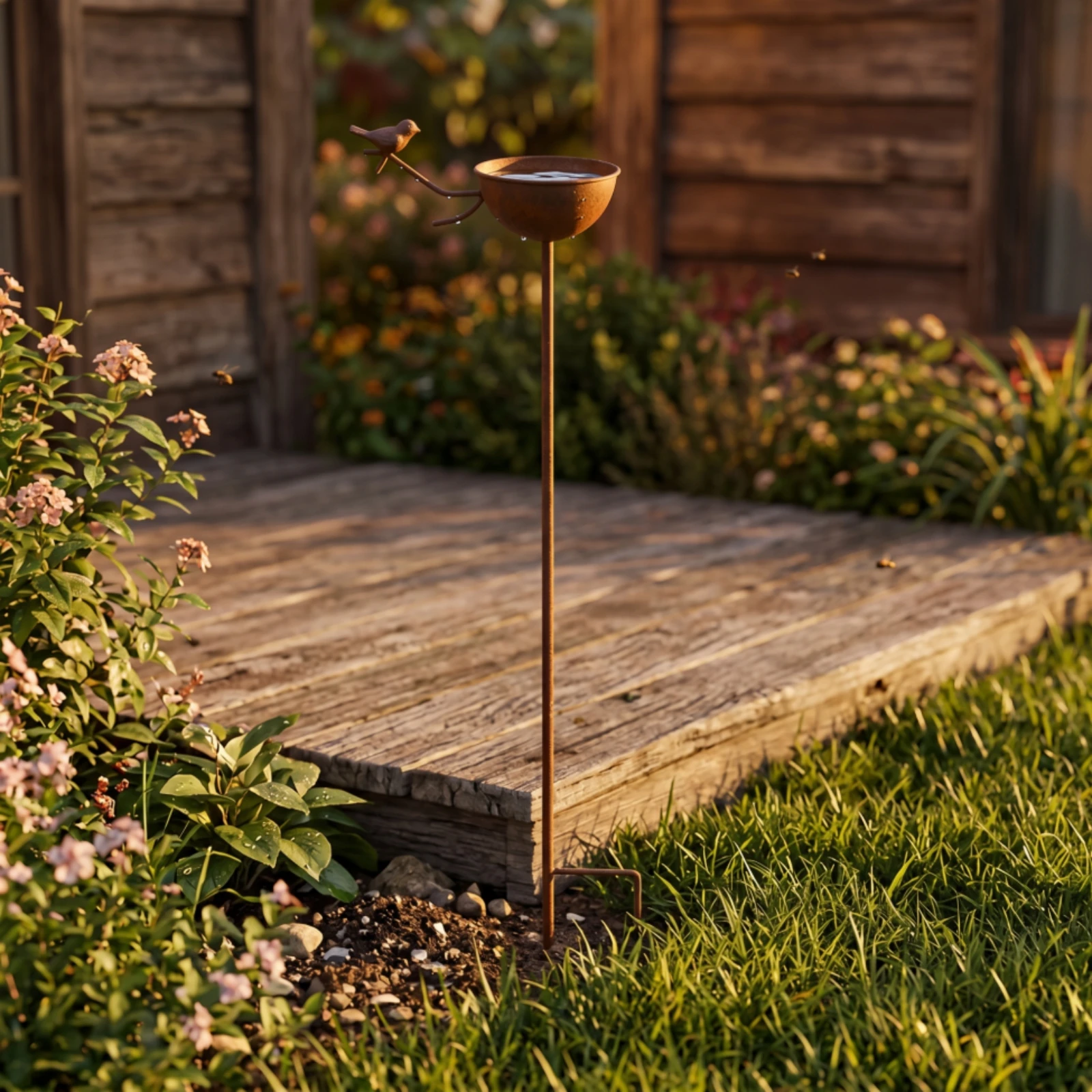 Mangeoire à oiseaux avec piquet de sol, piquet de jardin décoratif avec mangeoire à oiseaux, bol pour eau de pluie, station d'abreuvement facile à installer