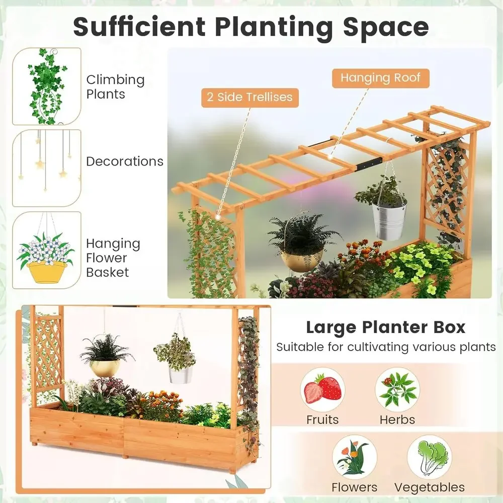 45 Elevated Garden Bed with Arch Trellis, Hanging Basket, Planter, Drainage, for Climbing Plants, Outdoor Yard Decor view 5
