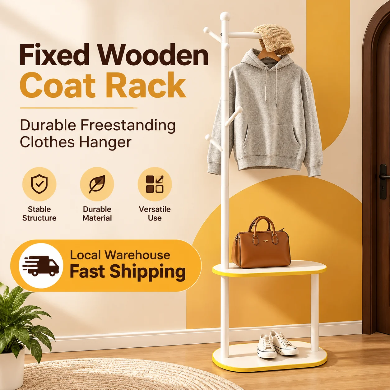 Fixed Wooden Coat Racks Durable Floor Standing Clothes Hanger Space-Saving Free Standing Storage Rack Clothes Hats Bags Organizer For Home Office Apartment Living Room Bedroom Entryway