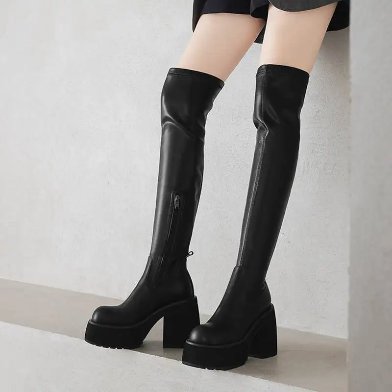 كرازينغ وعاء البقرة انقسام الجلد سميكة عالية الكعب جولة تو تمتد أحذية طويلة أنيقة الحديثة منصة Ins مرونة فوق الركبة الأحذية #5