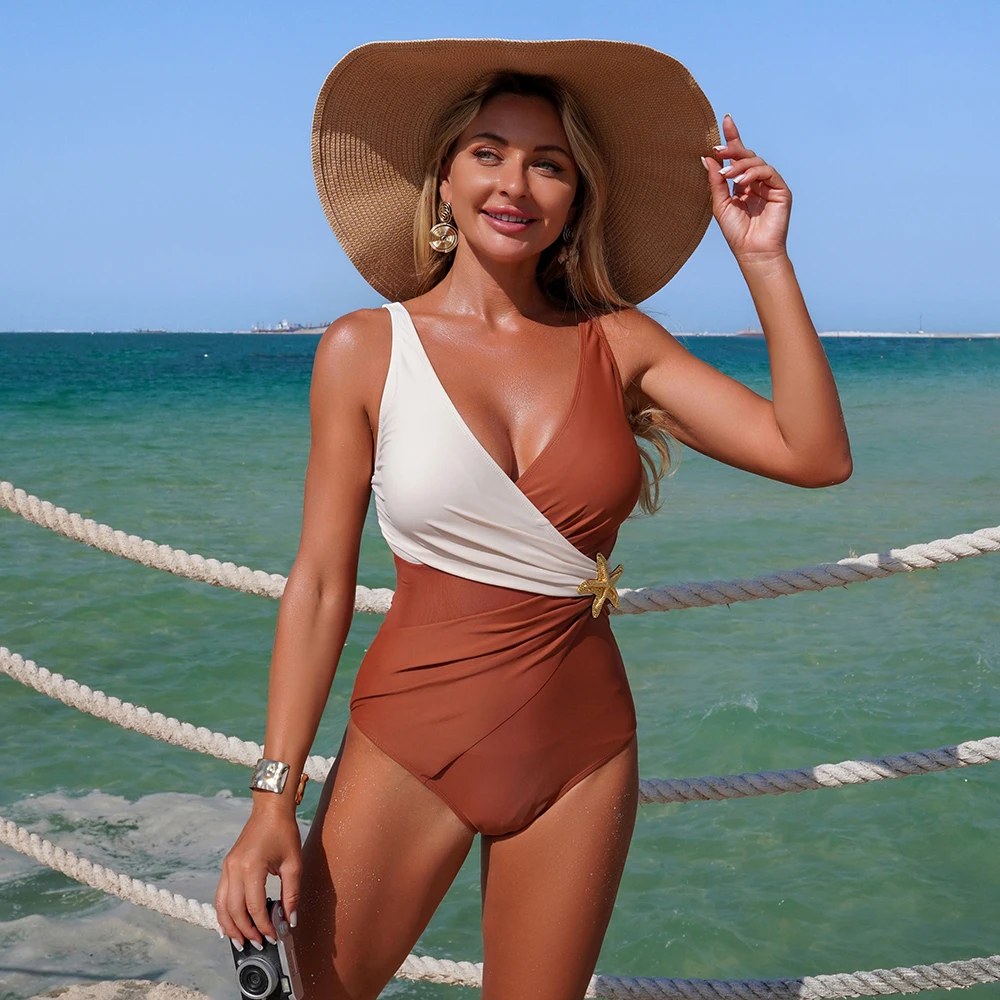 New Two Tone Color Block One Piece Swimsuit V Neck Wrap Ruched Tummy Control Starfish Decor High Cut Beach Bathing Suit Swimwear