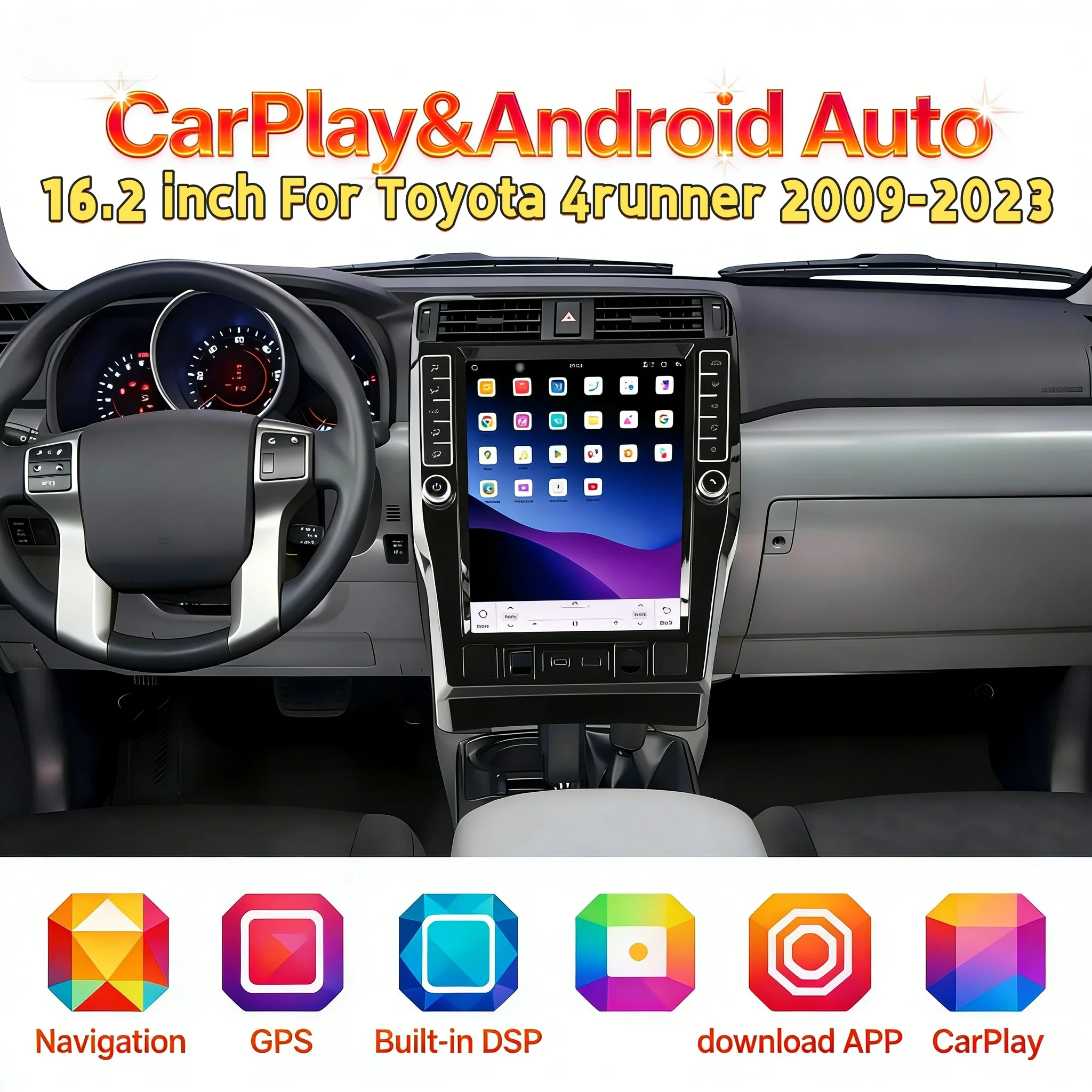 Android 13 4K Wireless CarPlay Vertical Stereo For Toyota 4runner 2009-2023 Multimedia 4G WiFi High Definition Player Head Unit