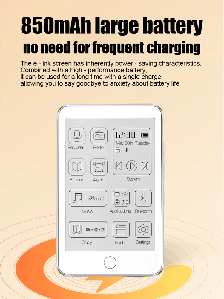 Famue MP3 Player com tela de tinta eletrônica, música HiFi, gravador de voz, Bluetooth, bateria de longa duração, baixa luz azul, rádio, 32 GB