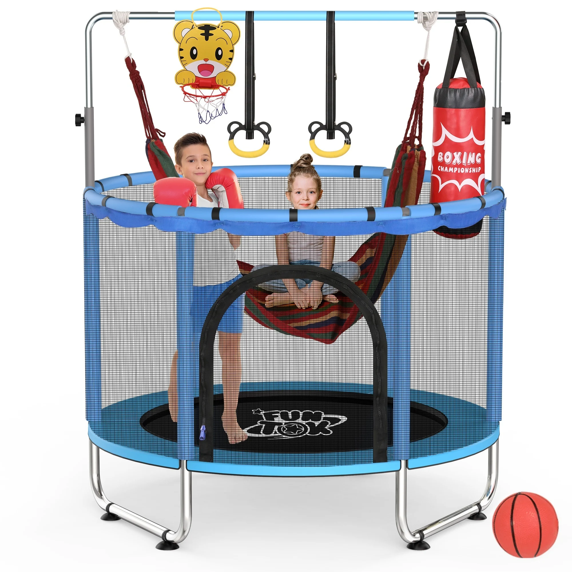 55-Zoll-Kindertrampolin, Upgrade, rostfreies Design, 440 Pfund Tragkraft mit Sicherheitsnetz, verstellbares Gymnastik-Barspielzeug