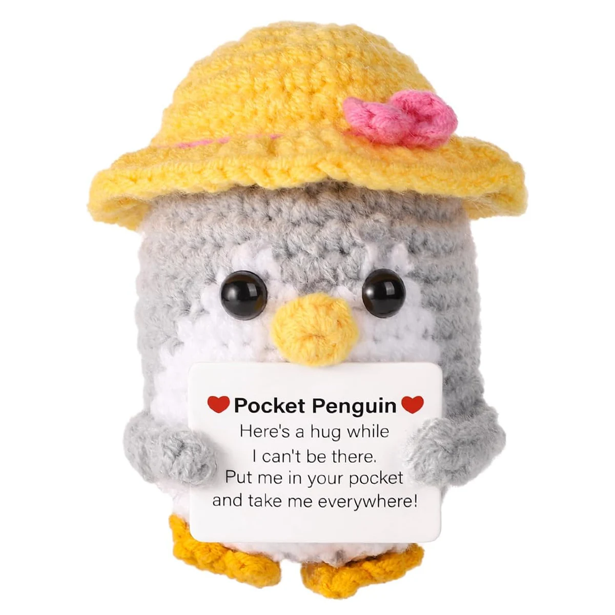 Funny Hug Pocket Penguin Dolls with Card  Cute Wool Crochet Emotional Support Penguin Doll with Summer Straw Hat Home Room Decor