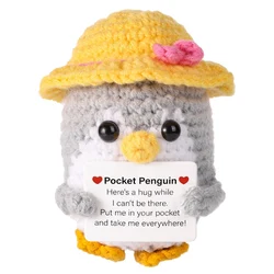 Funny Hug Pocket Penguin Dolls with Card  Cute Wool Crochet Emotional Support Penguin Doll with Summer Straw Hat Home Room Decor