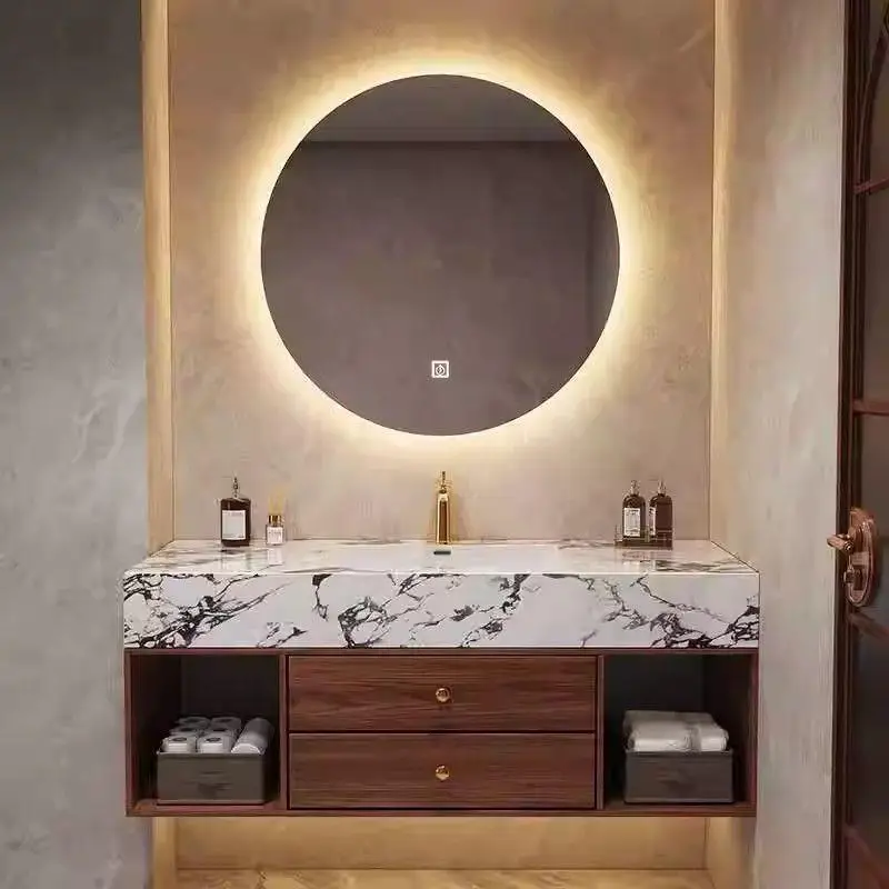 Seamless Integrated Ceramic Bathroom Vanity Combo Sintered Stone Wash Basin Sink Cabinet Simple Design for Bathroom