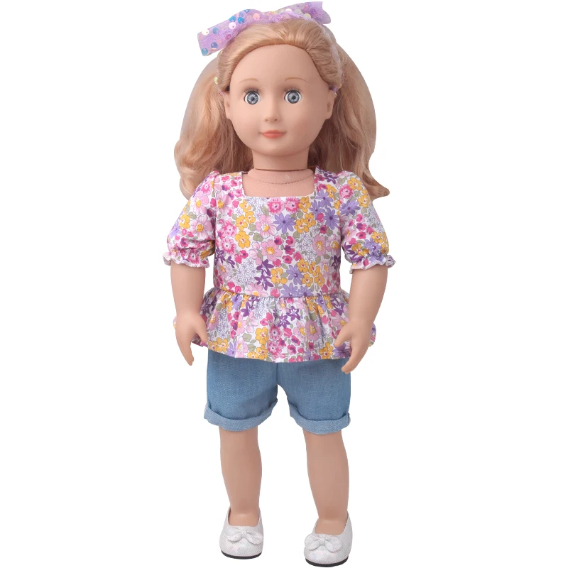 Cute Purple Print Top+Denim Shorts 2 pcs 18 Inch Girl Doll Ours & Generation Clothes American 43 Cm Baby Dolls Accessories