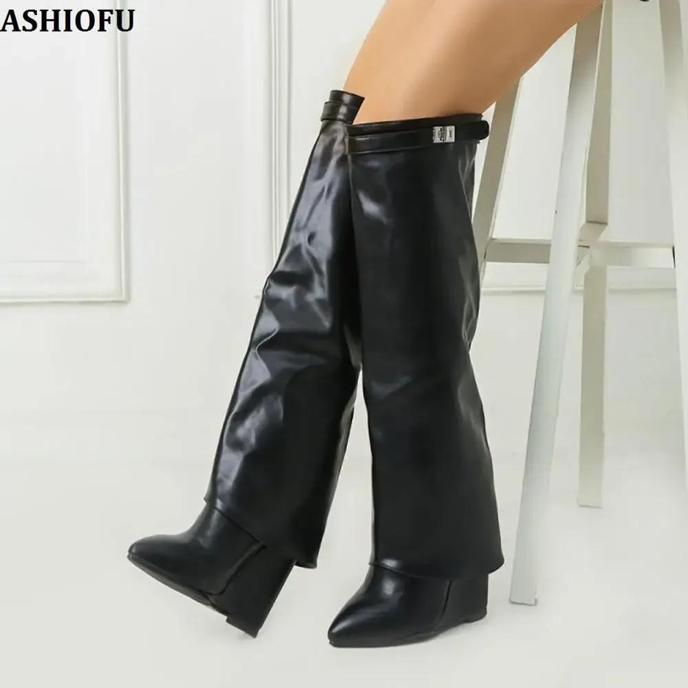 ASHIOFU Hot Sale Handmade New Real Photos Ladies Wadge Heel Boots Sexy Party Prom Knee Boots Evening Fashion Club Booties Shoes