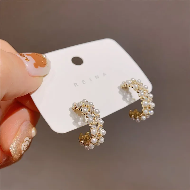 2026 New Korean Simulated Pearl Hoop Earrings Gold Color Metal C Shape Statement Earrings For Women Girl Wedding Party Jewelry