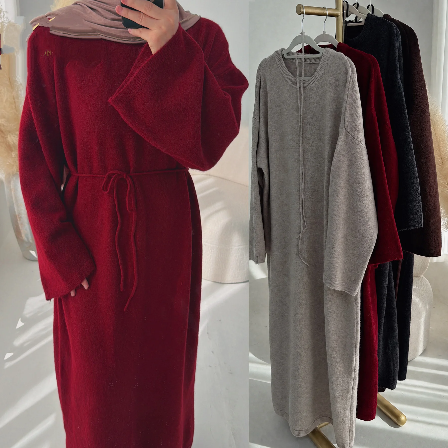 Women Plus Size Knit Dress Crew Neck Drop Shoulder Loose Autumn Winter Ladies Knitted Long Dress Turkey Kaftan Robe Islamic Gown