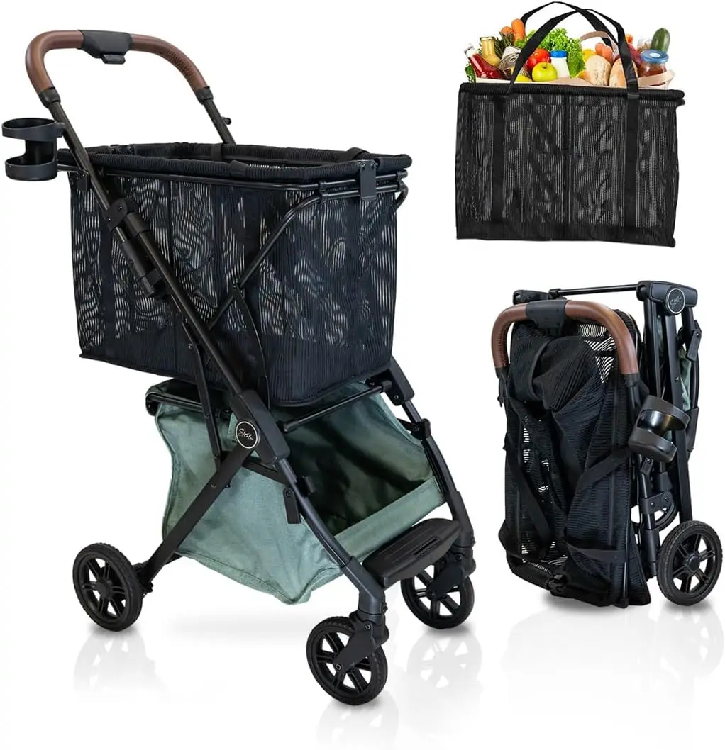 

Personal Luxury Folding Shopping Cart with Premium Wheels– Removable Shopping Bag with Carry Strap & Lower Grocery Storage