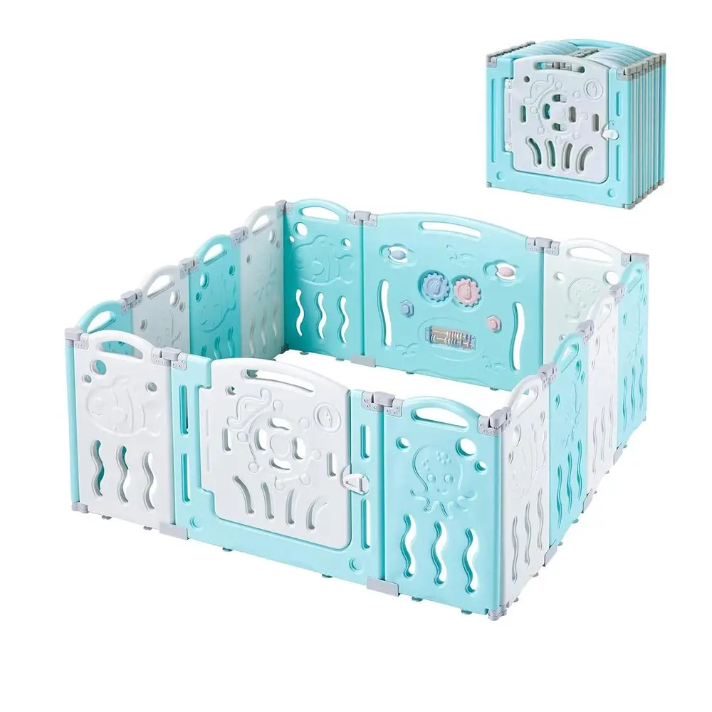 14-Panel Baby Play Yard with Safety Lock - Adjustable Kids Playpen for Indoor/Outdoor Use (Blue & White)