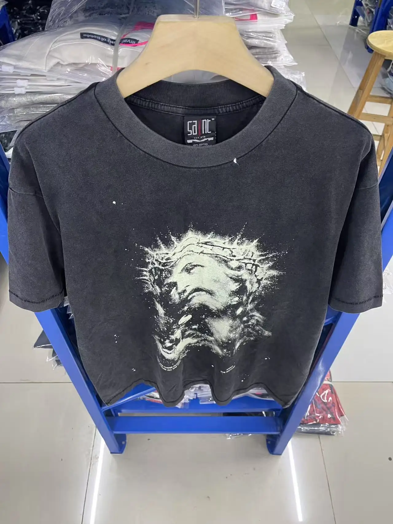 High Quality Saint Dark Light Color Change Printed Washed Vintage Short Sleeve High Street Casual Loose Cotton Oversize T-shirt