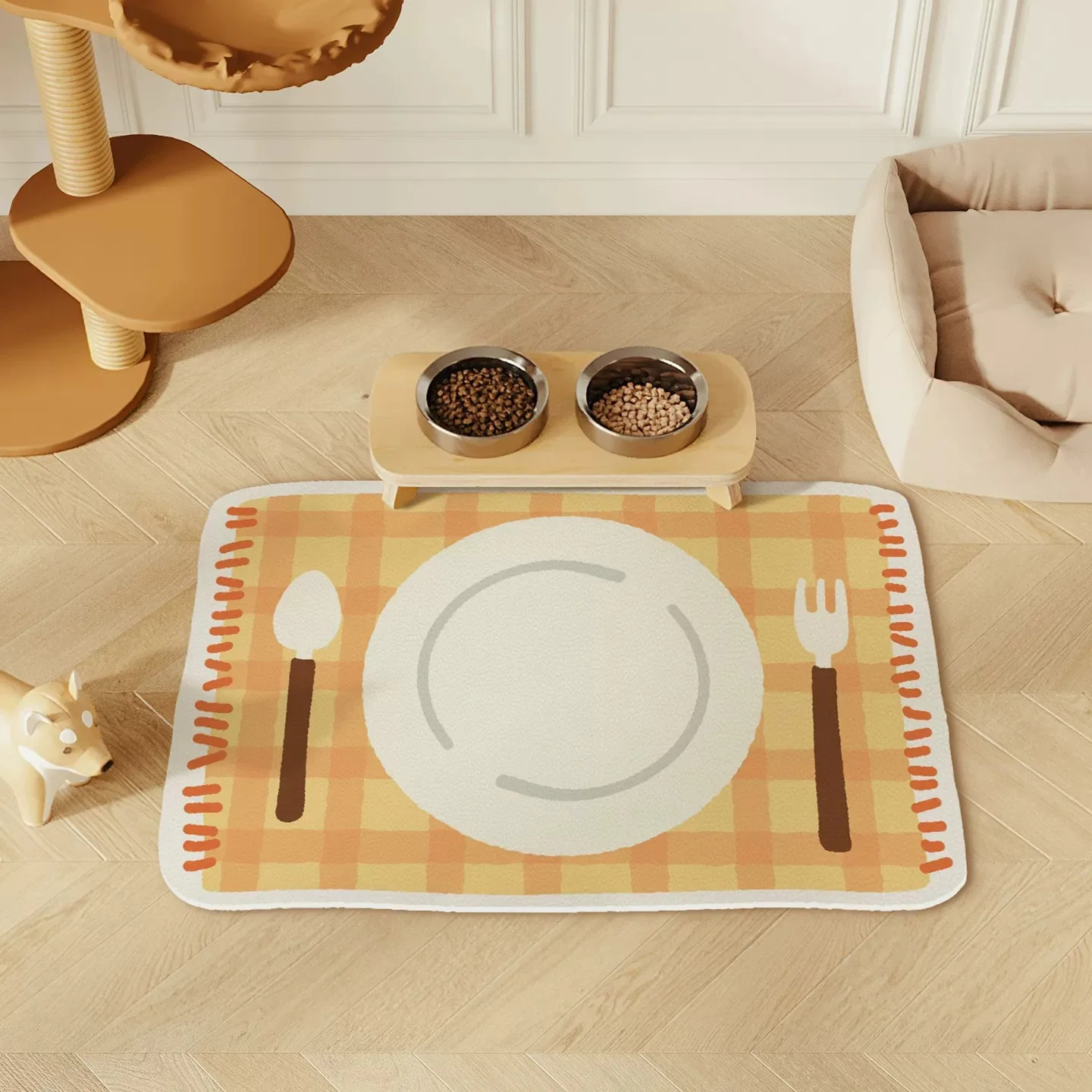 Fun Cartoon Kitchenware Design PU Leather Pet Food Mat Waterproof Spill-Proof Dog Cat Bowl Feeding Tray Pad