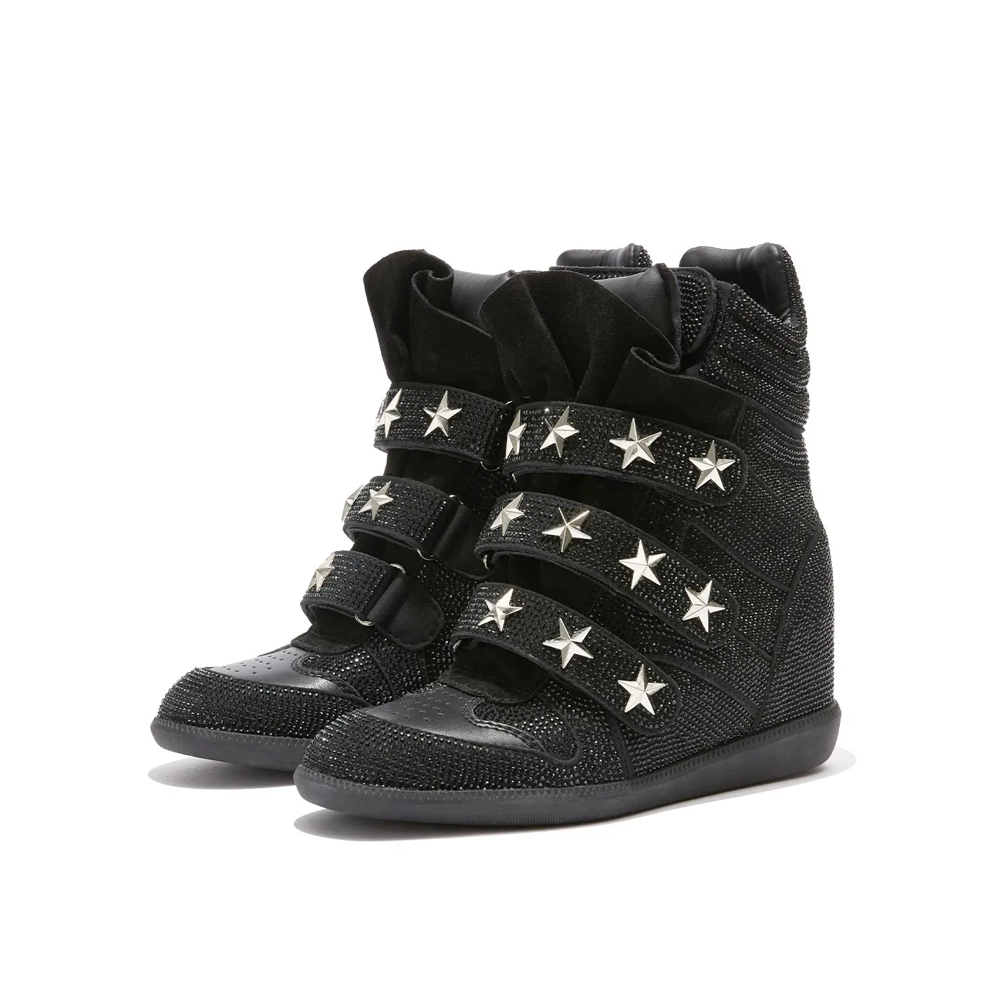 Women Rhinestone High Top Sneakers Hidden Wedge Heel Shoes Star Decor Hook & Loop Fashion Platform Ankle Boots