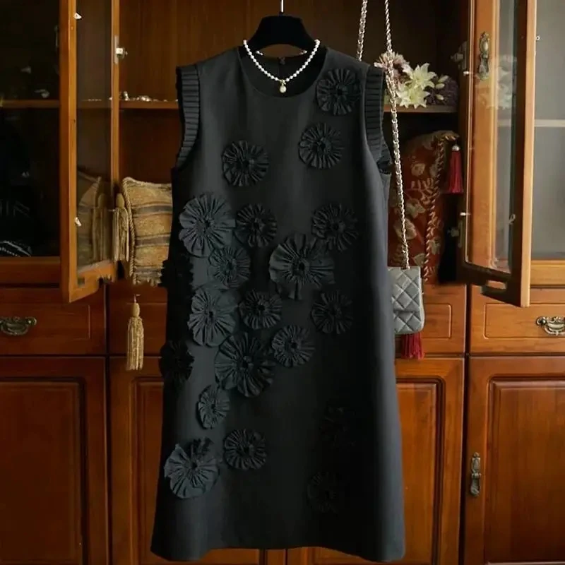 Fashion 3D Decal Black Dress Women's O Neck Sleeveless Loose Vintage Folds Flower Party Dresses 2024 New Summer Female Clothing