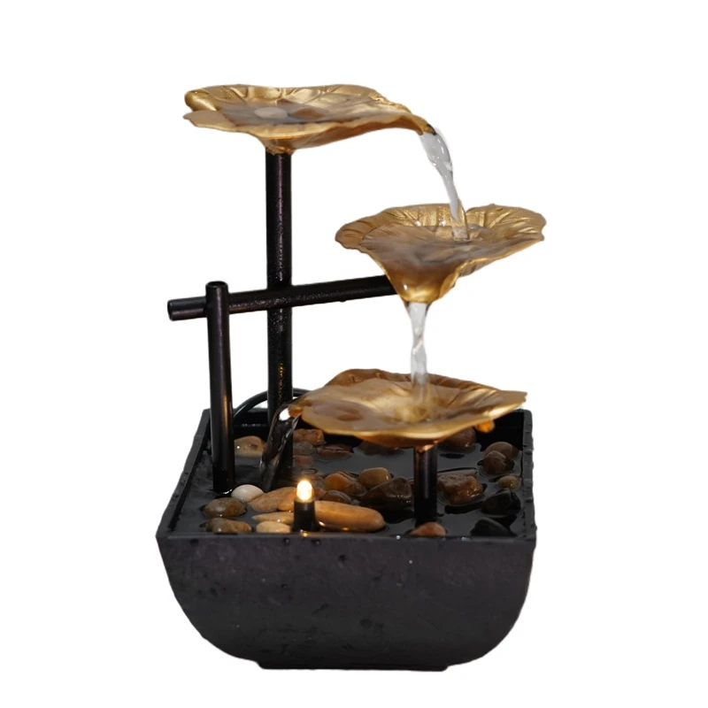 

Indoor 3-Tier Tabletop Fountain, Automatic Pump With Power Switch, Extra Deep Basin With Natural Feature Gold