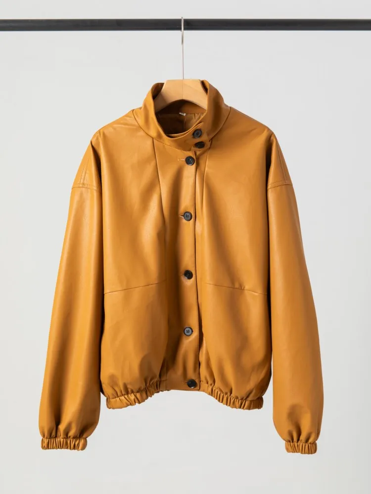 

PU Leather Bomber Jacket For Women Casual Loose Single Breasted Stand Up Collar Long Sleeve Jackets Coat 2025 New Autumn Winter﻿