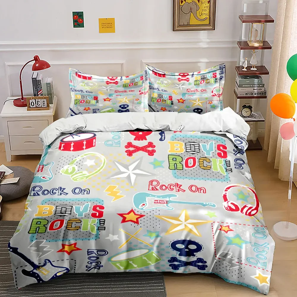 Boys Rock Music Theme Decor Soft Comfortable Duvet Cover Bedding Set Included 1*Duvet Cover & 2*Pillowcases, gift