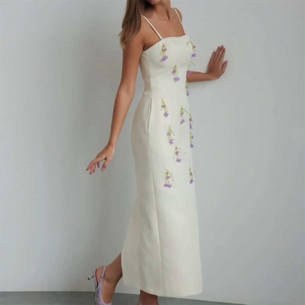 Customized White Straight Prom Dresses Tea-Length Spaghetti Strap Sleeveless Evening Gown Fashion Beading Sexy Backless