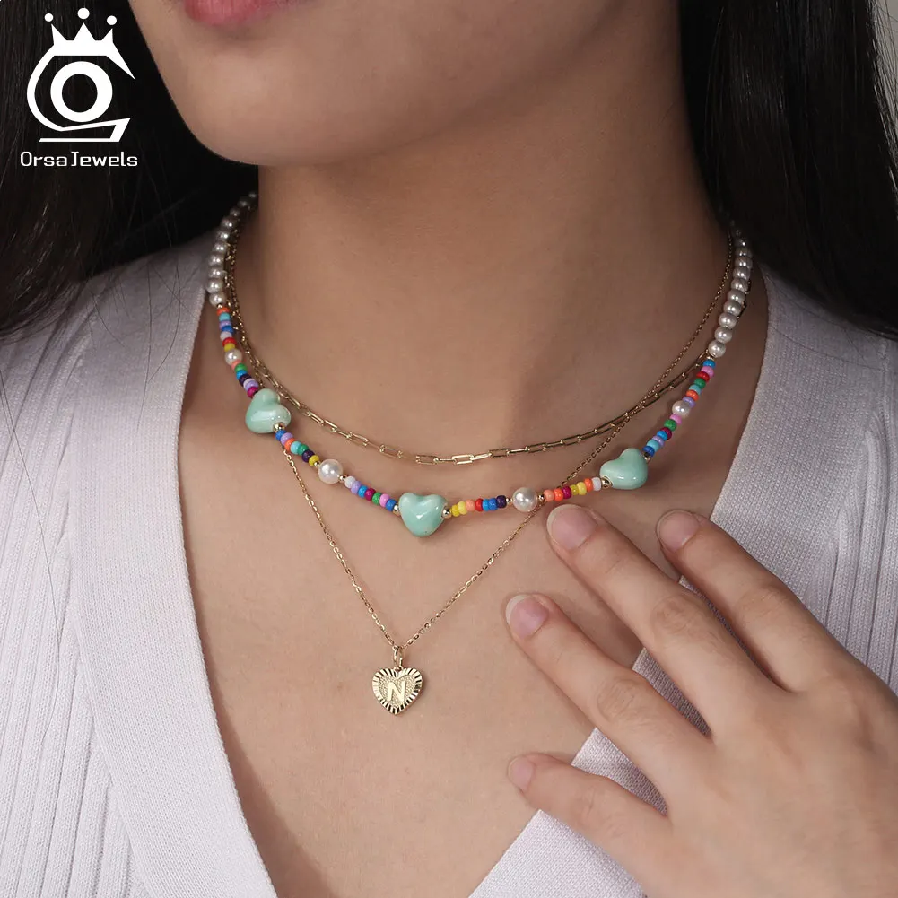 

ORSA JEWELS, серебро 925, красочные бусины, ожерелье с керамикой в форме сердца, богемные ювелирные изделия, бусина-ракушка, креативное колье-цепочка PSN07