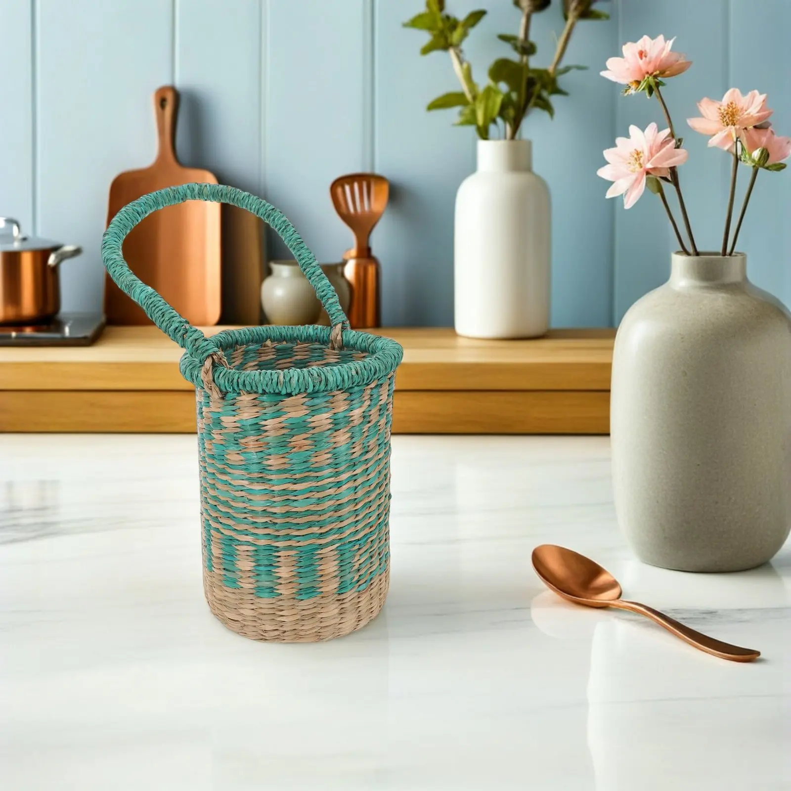 Cylinder Seagrass Basket Handwoven Tall Storage Basket with Handles for Wine Presentation Home Organization Decorative Gift Use view 6