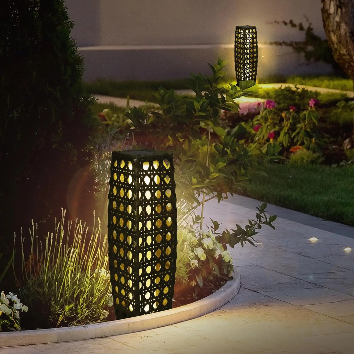 2 Piece Solar Outdoor Floor Lamps, Solar Lanterns Waterproof, Resin Wicker Outdoor Solar Lamp, Weather-Resistant Rattan Deck Lig