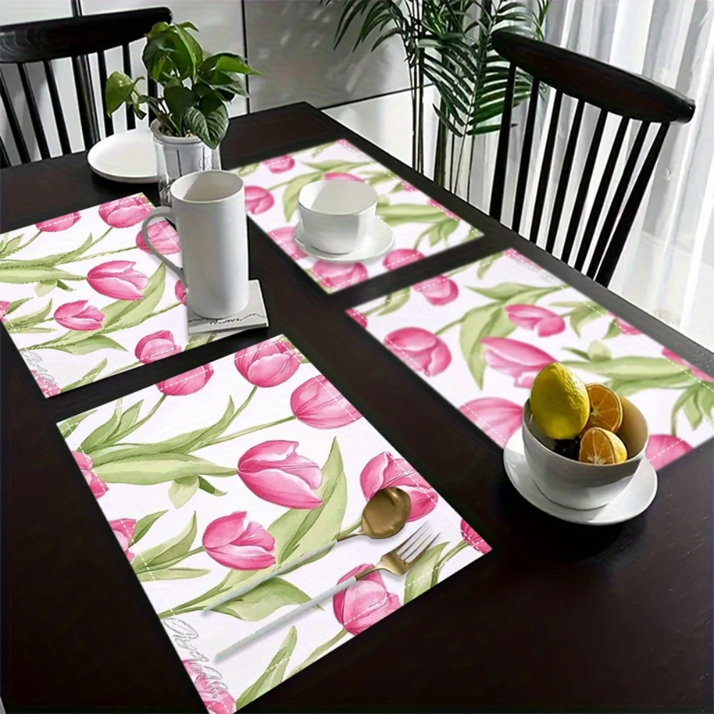 Watercolor Pink Tulip Full Print Placemats Heat Resistant Spring Farmhouse Dining Outdoor Brunch Casual Family Table Decor