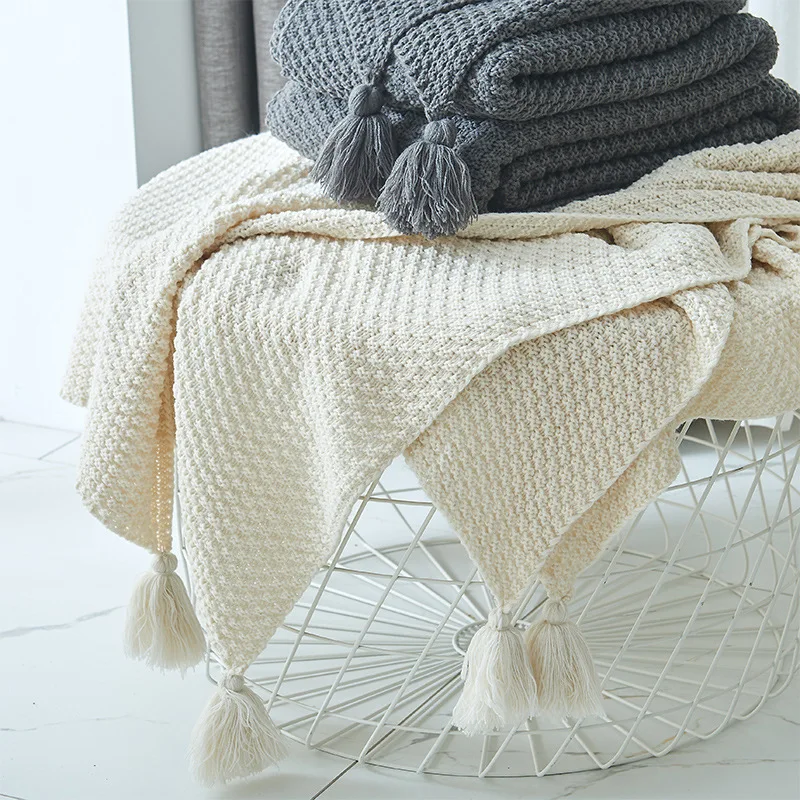 

Scandinavian style tassel knitted blanket office air conditioning nap blanket wool cover blanket sofa resting Idle Blanket Woole