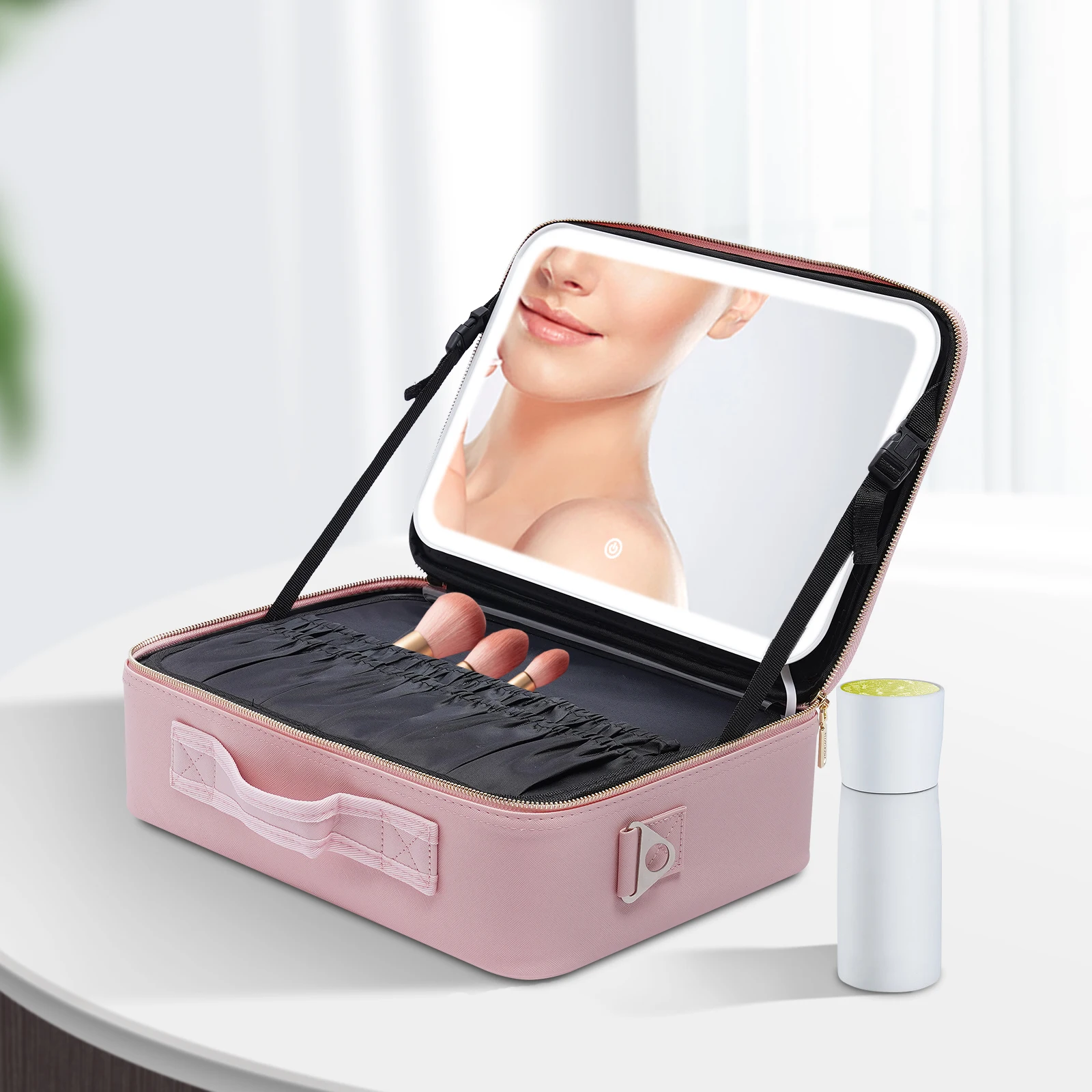 

Portable Travel Make Up Bag with LED Mirror Waterproof Multifunction Makeup Train Case Storage Cosmetic Box Adjustable Pink