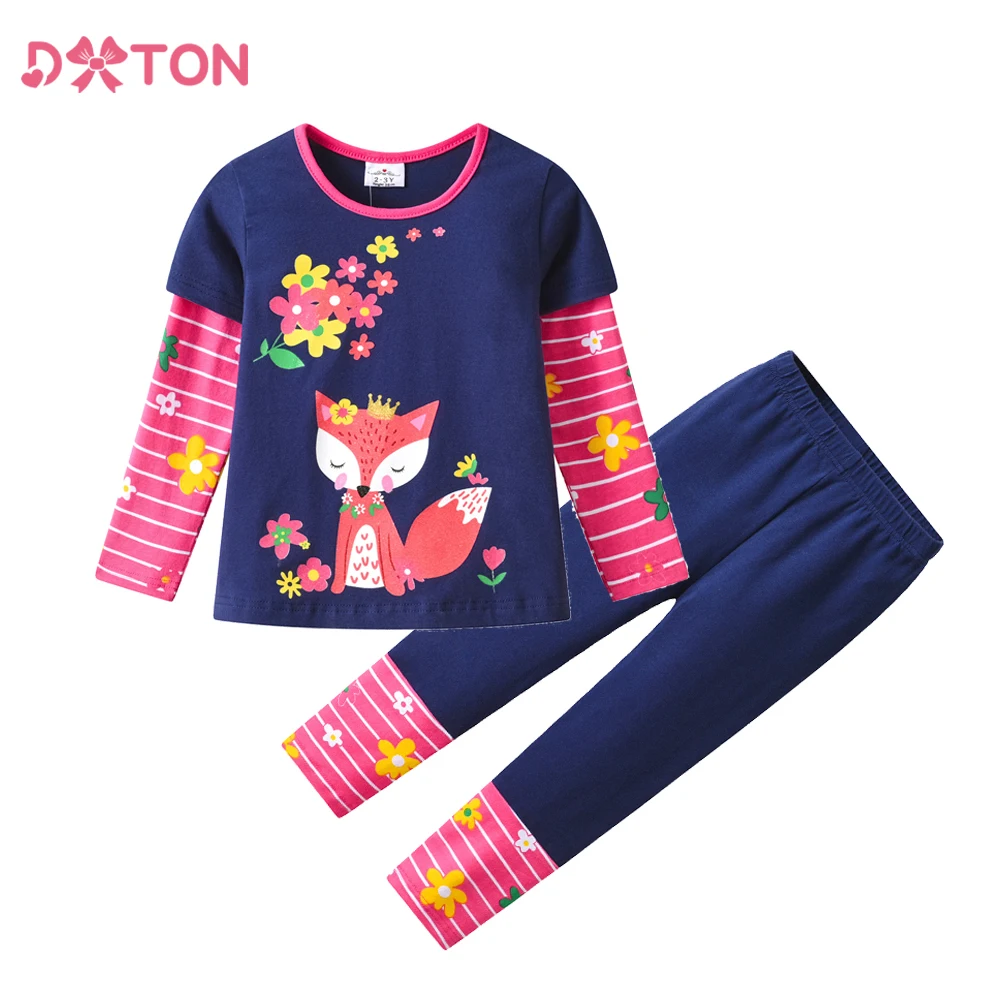 

DXTON 2PCS Kids Girls Suits Autumn Children Clothing Set Fox Floral Girls Tops with Pants Stripe Toddler Casual Cartoon Homewear