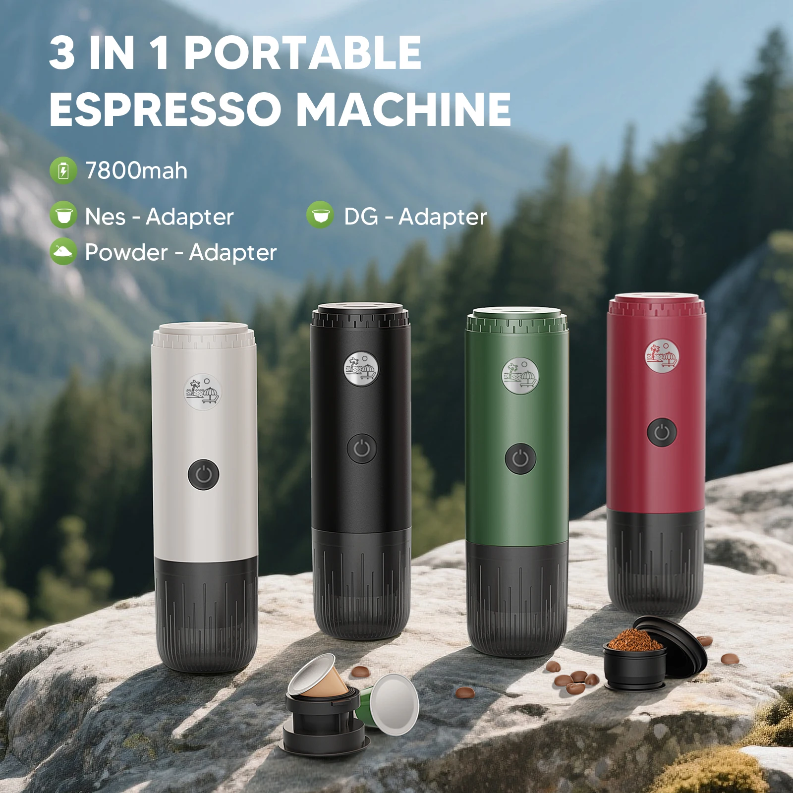 Máquina de café expreso eléctrica portátil, cafetera de viaje 3 en 1 para acampar, autocalentamiento, apta para café molido y DG, cápsulas NES