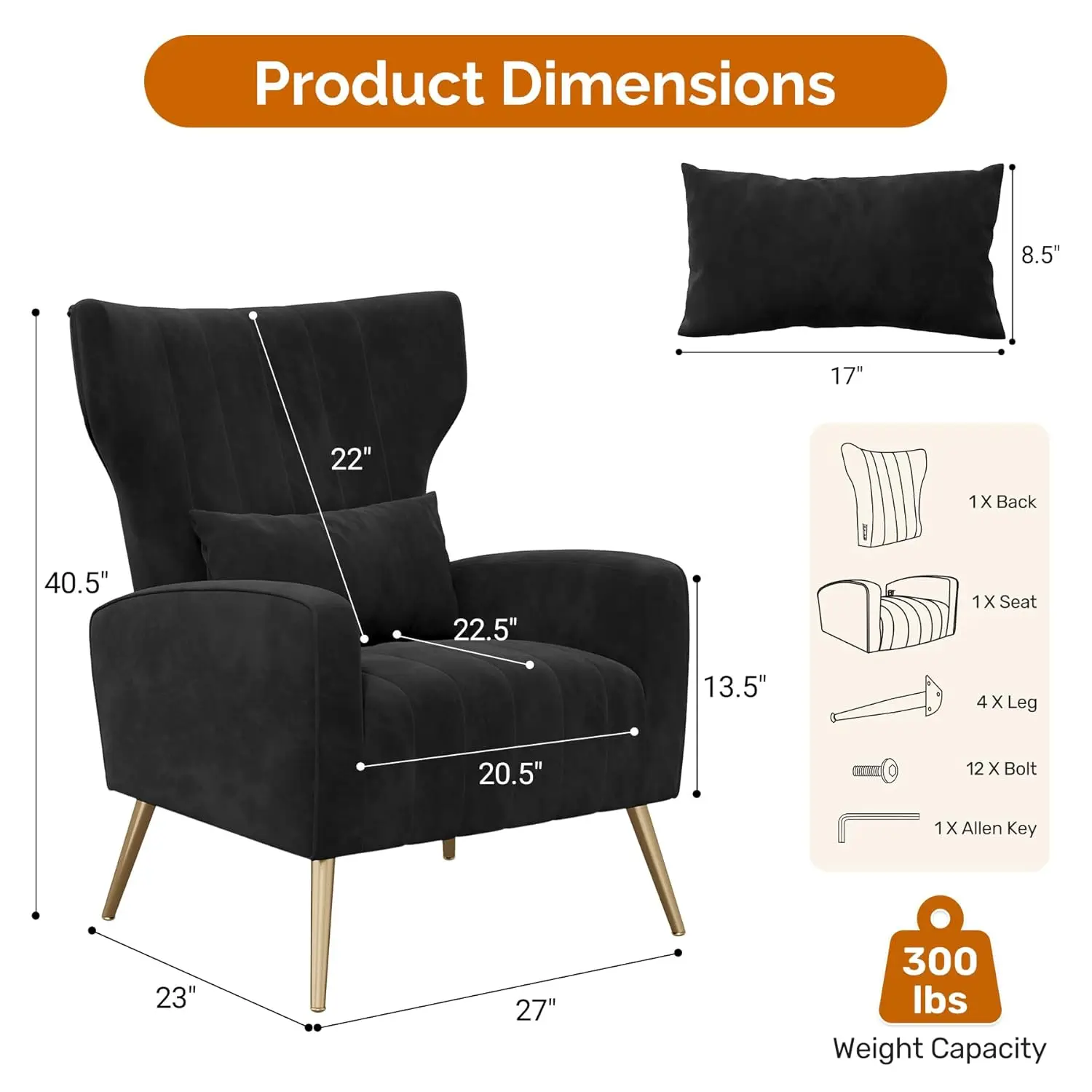 Black Velvet Wingback Chair Set of 2, High Back Armchair with Gold Legs & Lumbar Pillow for Living Room, Customized