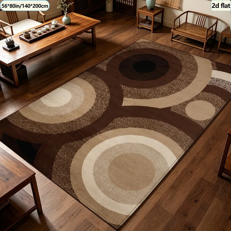 Retro Brown Beige Layered Circle Carpet Flooring, Mid-Century Abstract Concentric Ring Area Rug Non-Slip Floor Mat for Bedroom Dorm Home Decor