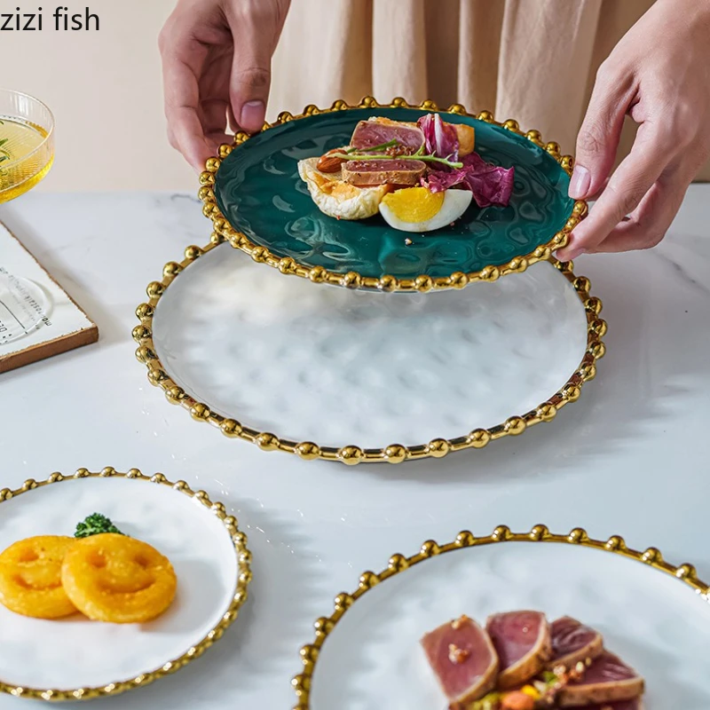

Golden Bead Ceramic Dining Plate Western Style Steak Plates Dessert Plate Sushi Plates Fruit Dish Salad Bowl Dim Sum Dish Tray