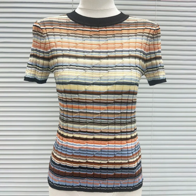 CHUJIE 2025 サマーコントラストストライプドレス - スリムフィットロングニットスリップ＆同スタイル半袖Tシャツ、ビスコース混紡