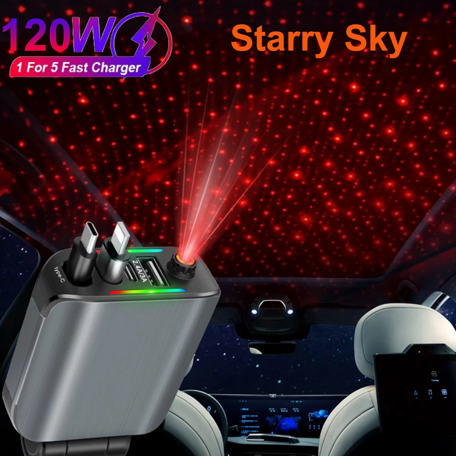 

Upgraded 120W Retractable Car Charger Car Fast Charging Car Charger Adapter with Starry Sky 4 in 1 Starlight Projection