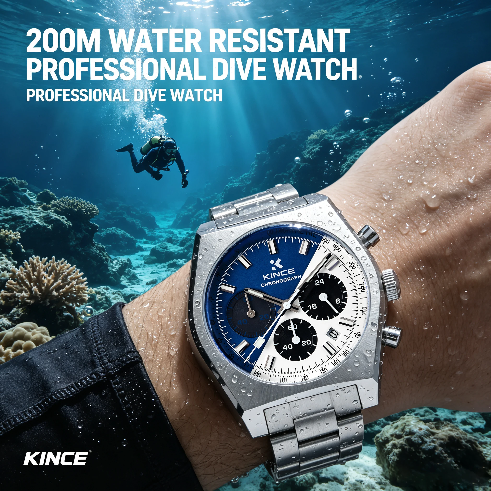 Men's Diver Watch Quartz VD53 Chronograph 40mm 200M Waterproof Sapphire Crystal BGW-9 Super Luminous Blue White Dial Steel Strap