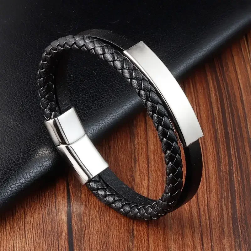 Vintage men's black genuine leather bracelet classic stainless steel double-layer braid bracelets bangles for men jewelry gift