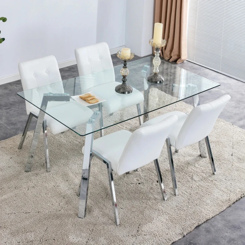 

Table and chair set,modern minimalist style rectangular glass dining table,tempered glass tabletop and legs.Paired with chairs